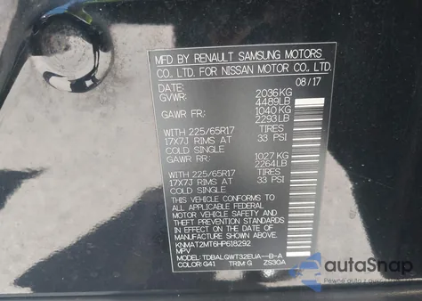 2017 Nissan Rogue Sv z USA, uszkodzony, nr VIN KNMAT2MT6HP618292